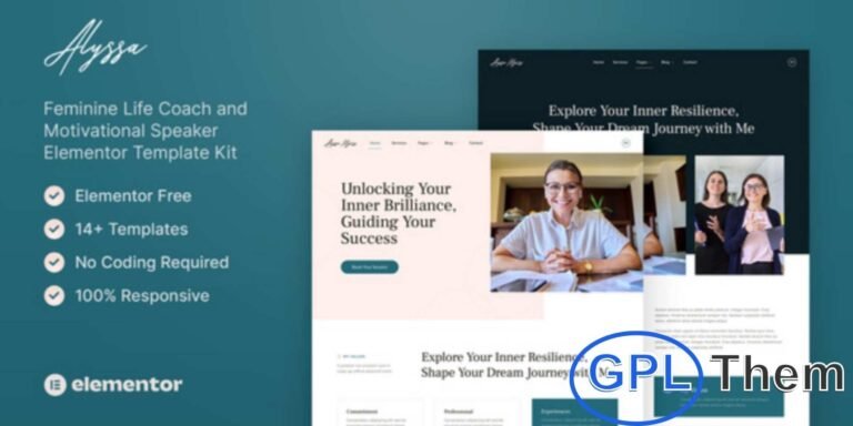 Alyssa – Feminine Life Coach & Motivational Speaker Elementor Template Kit Alyssa is a beautifully designed Elementor Template Kit crafted for feminine life coaches, motivational speakers, personal and business coaches, workshop facilitators, career consultants, and life planners.