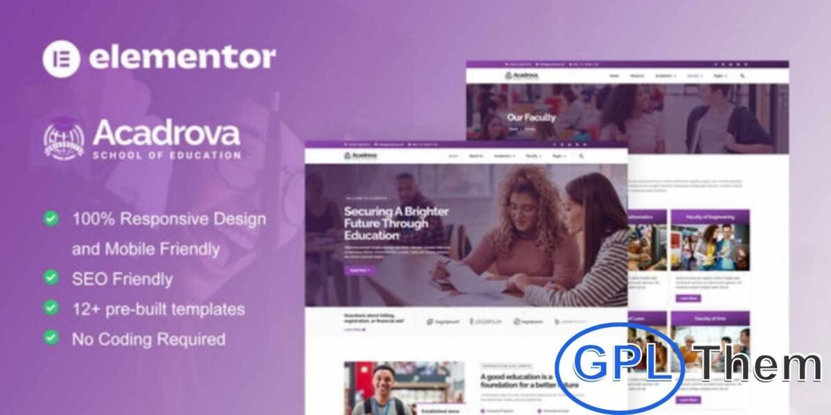 Acadrova – University & School Education Elementor Pro Template Kit Acadrova is a modern Elementor Pro Template Kit designed for university, school, and educational websites. With 12+ pre-built templates featuring a clean and professional design, it’s perfect for colleges, academies, online courses, and educational institutions.