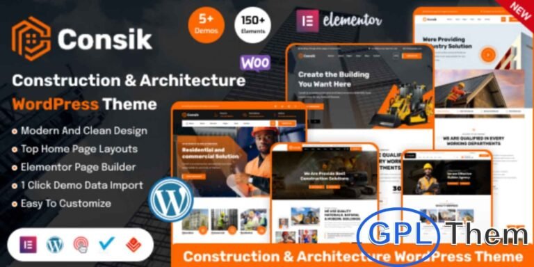Consik – Construction & Architecture WordPress Theme Consik is a professional and flexible WordPress theme designed for construction, architecture, building, and renovation businesses. Developed with in-depth research in the fields of construction and trades, it offers a modern, visually appealing design to showcase your projects and services. Fully responsive and retina-ready, Consik ensures your website looks perfect on desktops, tablets, and mobile devices.