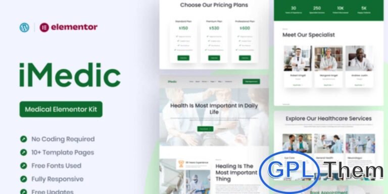 Medicly – Medical Elementor Pro Template Kit Medicly is a professional Elementor Pro Template Kit designed for healthcare, hospitals, clinics, and medical websites. Featuring 12+ pre-built pages with a clean and modern design, it provides well-structured layouts for showcasing medical services, doctors, departments, and patient care.