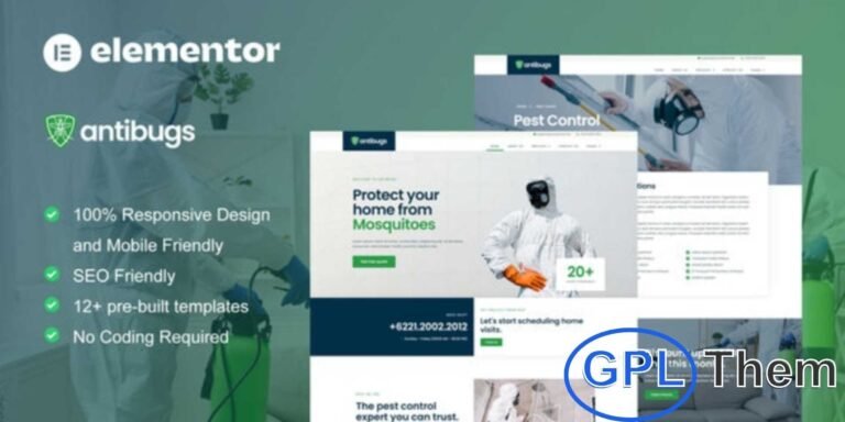 Antibugs – Pest Control Service Elementor Template Kit Antibugs is a professional Elementor Template Kit built for pest control service websites. Perfect for businesses offering mosquito control, rodent control, bed bug treatment, termite control, and other pest management services, it features 12+ pre-built templates with a clean and modern design.