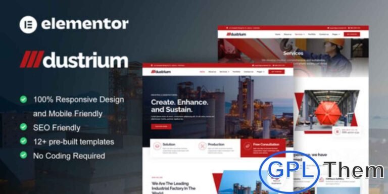 Dustrium – Industrial & Manufacturing Elementor Pro Template Kit Dustrium is a modern Elementor Pro Template Kit designed for industrial and manufacturing businesses. Featuring 12+ pre-built templates with a professional, sleek, and fully responsive design, it allows you to quickly create company websites for factories, production units, and industrial services.