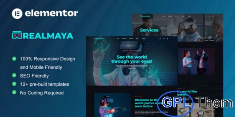 RealMaya – Virtual Reality & Tech Services Elementor Template Kit RealMaya is a modern Elementor Template Kit designed for Virtual Reality services, tech companies, and online VR product stores. With 12+ pre-built templates, this kit features a clean, professional, and modern design, making it easy to create websites for virtual reality services, technology solutions, or gadget eCommerce stores.