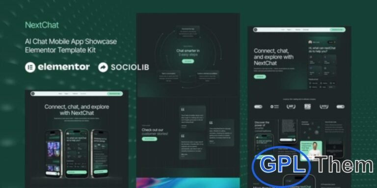 NextChat – AI Chat Mobile App Showcase Elementor Template Kit NextChat is a modern Elementor Template Kit designed for AI chat apps, mobile applications, and technology service websites. Perfect for showcasing mobile apps, SaaS products, digital downloads, subscriptions, and tech services, it features sleek dark-themed layouts and responsive designs.