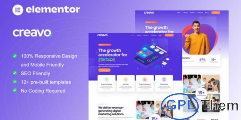 Creavo – Creative Agency & Digital Marketing Elementor Template Kit Creavo is a modern Elementor Template Kit designed for creative agencies and digital marketing websites. Packed with 12 pre-built templates, it features a sleek, professional design and a fully responsive layout.