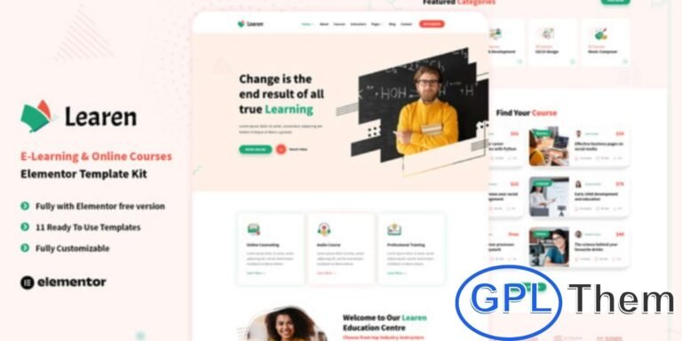 Learen – E-Learning & Online Courses Elementor Template Kit Learen is a powerful Elementor Template Kit designed for building professional e-learning and education websites. Perfect for universities, schools, training centers, language academies, and online courses, this kit comes with 23+ ready-to-use sections.