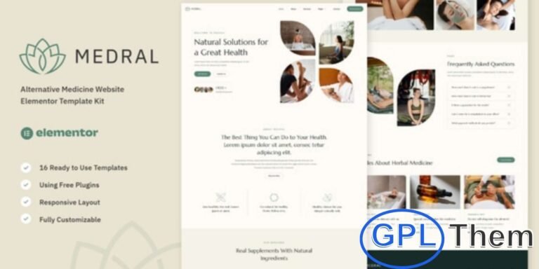 Medral – Alternative Medicine Website Elementor Template Kit Medral is a modern Elementor Template Kit designed for alternative medicine practices, wellness centers, and holistic therapy websites. Perfect for acupuncture, chiropractic, hypnotherapy, meditation, yoga, aromatherapy, retreats, and organic shops, it features clean, professional layouts with a fully responsive design.