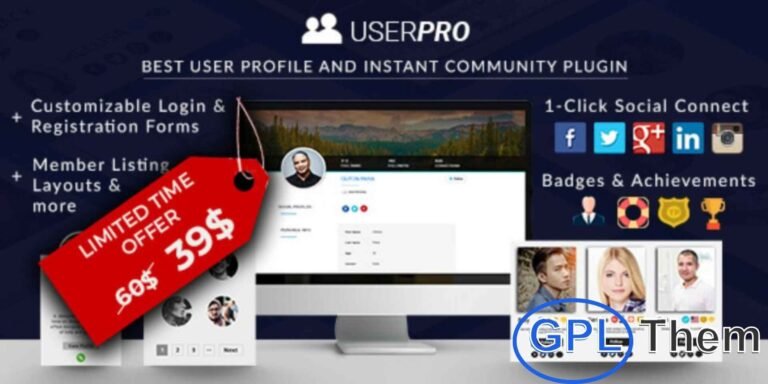 UserPro – Community and User Profile WordPress Plugin + All Addons UserPro is an all-in-one WordPress plugin that makes it easy to build a complete community website. It offers stunning front-end user profiles, custom login, and registration forms to enhance user experience.