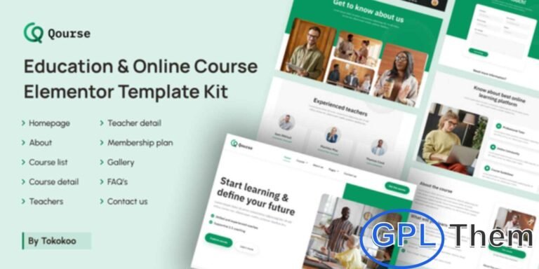 Qourse – Education & Online Course Elementor Template Kit Qourse is a modern Elementor Template Kit perfect for education websites, online courses, and learning management systems. With a clean, responsive, and retina-ready design, this template kit allows you to create a professional and engaging educational website effortlessly.