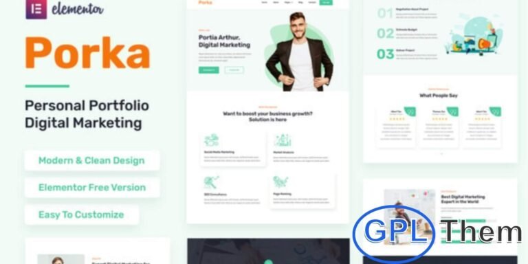 Porka – Digital Marketing & Personal Portfolio Elementor Template Kit Porka is a sleek Elementor Template Kit ideal for building professional personal portfolio websites. Perfect for showcasing your work, services, and digital marketing skills, this kit features a modern, responsive design that is easy to customize with Elementor.