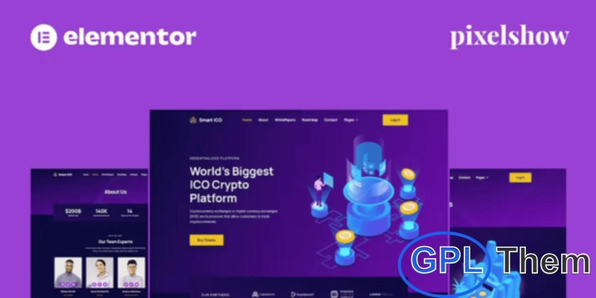 Smart ICO – Cryptocurrency Elementor Pro Full Site Kit Smart ICO is a premium Elementor Pro Full Site Kit designed for cryptocurrency, Bitcoin, blockchain, mining, and exchange websites. With a clean and modern layout, it ensures 100% responsiveness, retina-ready visuals, and seamless customization through Elementor.