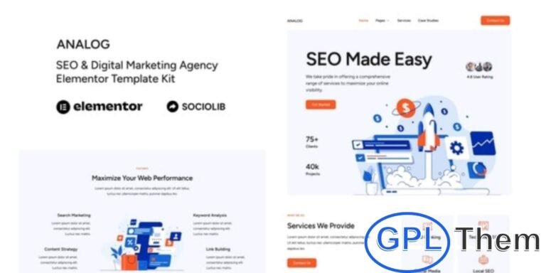 Analog – SEO & Digital Marketing Agency Elementor Template Kit Analog is a powerful Elementor Template Kit designed for SEO agencies, digital marketing firms, and creative businesses. Perfect for building professional websites without coding, it comes with modern layouts tailored for SEO services, local marketing, social media agencies, digital agencies, and eCommerce marketing companies.