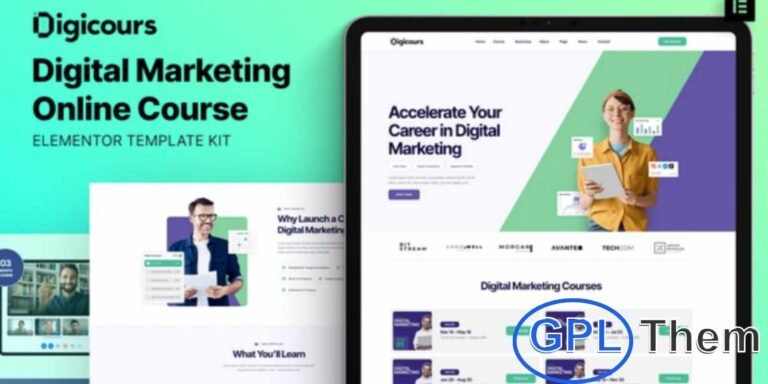 Digicours – Digital Marketing Online Course Elementor Template Kit Digicours is a modern and professional Elementor Template Kit designed for creating fully functional digital marketing online course websites on WordPress without writing a single line of code.