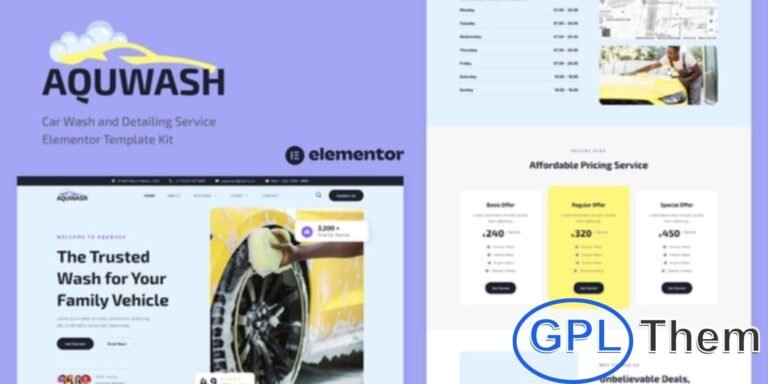 Aquwash – Car Wash & Detailing Service Elementor Template Kit Aquwash is a professional Elementor Template Kit built for car wash and detailing service websites. Perfect for car cleaning, car spa, car repair, car detailing, and auto washing businesses, this kit helps you create a modern and responsive website effortlessly.