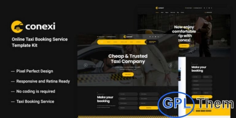 Conexi – Online Taxi Booking Service Elementor Template Kit Conexi is a stylish and modern Elementor Template Kit designed for online taxi booking, cab services, car rentals, private car hire companies, and ride-hailing agencies. It is also suitable for rent-a-car businesses and car repair shops.