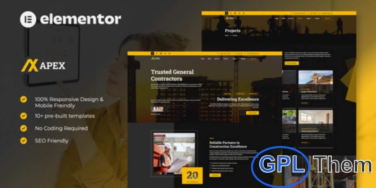 Apex – Construction Elementor Template Kit Apex is a modern and professional Elementor Template Kit crafted for construction companies and related industries. This versatile kit is also perfect for architecture firms, construction agencies, manufacturing businesses, industrial services, factories, and warehouse companies.