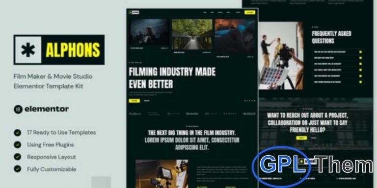 Alphons – Film Maker & Movie Studio Elementor Template Kit Alphons is a modern Elementor Template Kit designed for film makers, movie studios, production houses, videography, photography, and creative agencies. Built with a clean and professional layout, this kit helps showcase your services and portfolio in a visually appealing way.
