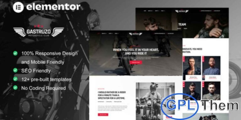 Gastruzo – Motorcycle Club Elementor Template Kit Gastruzo is a sleek and modern Elementor Template Kit designed for creating professional motorcycle club websites. Perfect for biker communities, rider clubs, racing teams, and motorcycle enthusiasts, this kit includes 12+ pre-built templates with clean, responsive layouts.