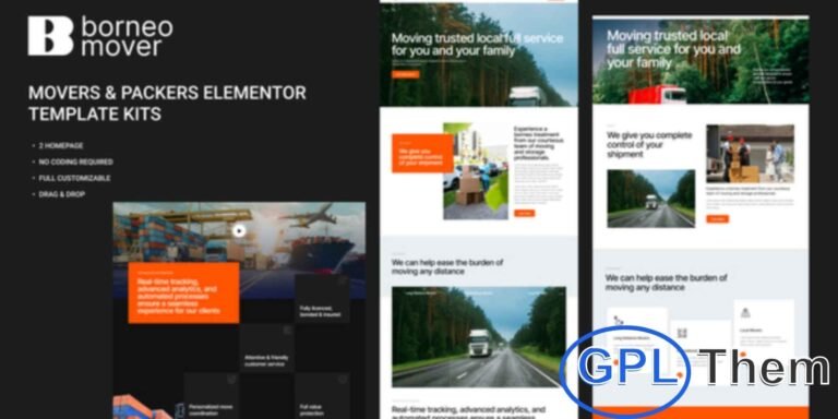 Borneo – Movers & Packers Elementor Pro Template Kit Borneo is a professional Elementor Pro Template Kit designed for movers, packers, logistics companies, cargo services, courier and delivery businesses, warehouses, and transportation services.
