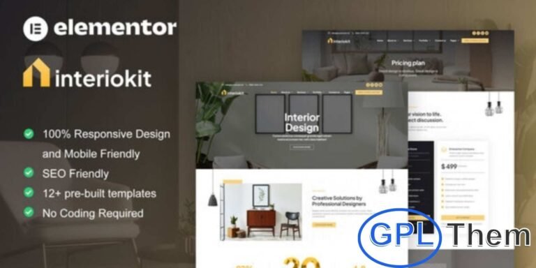 Interiokit – Interior Design & Architecture Elementor Template Kit Interiokit is a stylish Elementor Template Kit built for interior design, architecture, real estate, and furniture websites. With 12+ professionally designed templates, it offers a clean and modern layout that perfectly showcases your design projects.