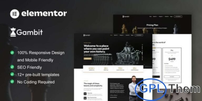 Gambit – Chess Club Courses & Training Elementor Template Kit Gambit is a modern Elementor Template Kit designed for creating professional chess club and training websites. With 12+ pre-built templates, it offers clean, responsive, and visually appealing layouts.