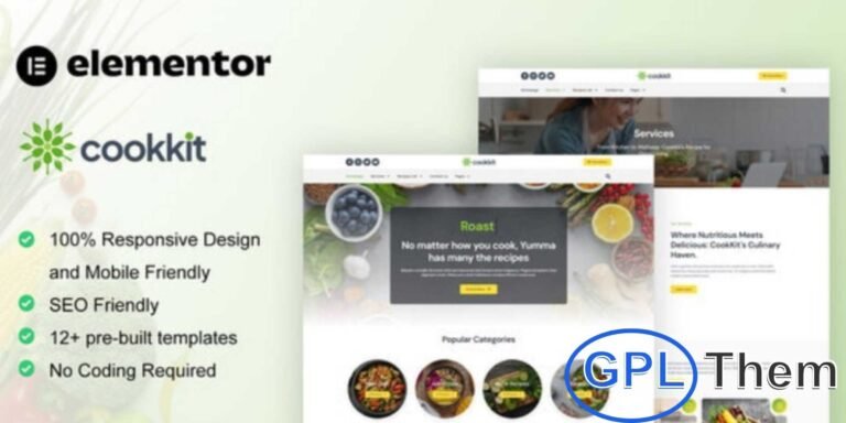 Cookkit – Food Recipe & Nutrition Service Elementor Pro Template Kit Cookkit is a modern Elementor Pro Template Kit designed for food bloggers, recipe websites, and nutrition service platforms. Perfect for showcasing food recipes, drink recipes, cake tutorials, and healthy cooking ideas, it provides 12+ pre-built templates with a clean and stylish design.