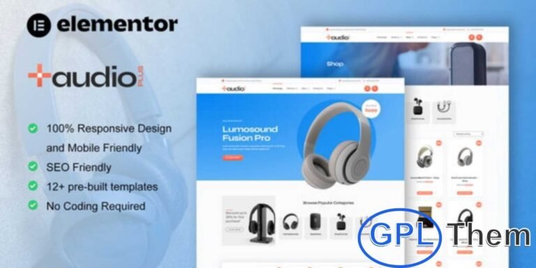AudioPlus – Audio Store WooCommerce Elementor Template Kit AudioPlus is a modern Elementor Template Kit built for audio stores and electronics eCommerce websites. Perfectly integrated with WooCommerce, this kit helps you create professional online shops for headphones, speakers, headsets, gadgets, and other electronic products.