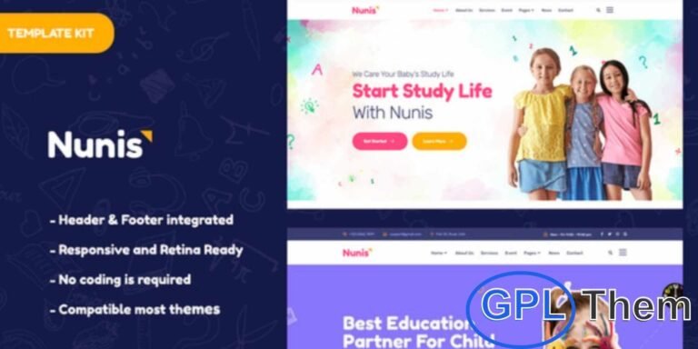 Nunis – Kindergarten Elementor Template Kit Nunis is a vibrant and modern Elementor Template Kit designed specifically for kindergartens, preschools, and daycare centers. Perfect for showcasing educational programs, activities, and facilities, it provides a professional and engaging online presence. Built with Elementor’s drag-and-drop interface, it allows easy customization without any coding knowledge.