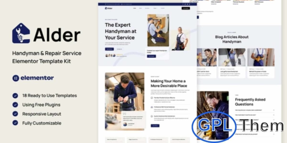 Alder – Handyman & Repair Service Elementor Template Kit Alder is a modern Elementor Template Kit designed for handyman and home repair service websites. Perfect for plumbers, electricians, carpenters, and all home improvement or maintenance businesses, this kit offers a clean, professional design with a fully responsive layout.