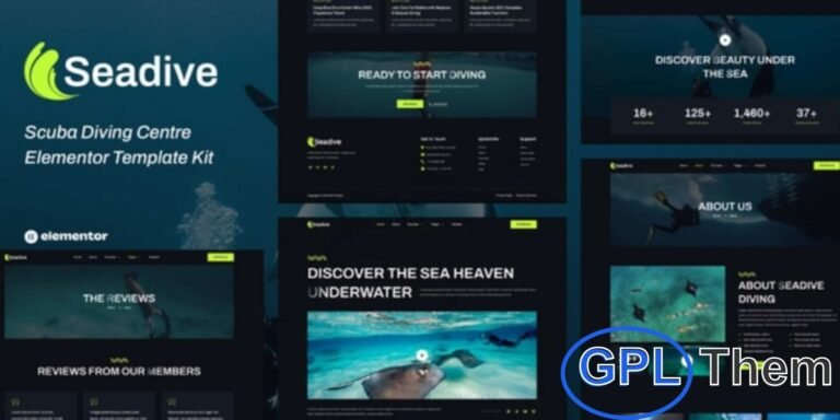 Seadive – Scuba Diving Centre Elementor Template Kit Seadive is a modern Elementor Template Kit built for scuba diving schools, water sports centers, and sea adventure businesses. Perfect for showcasing diving courses, snorkeling trips, swimming lessons, and marine activities, this kit offers a clean and professional design.