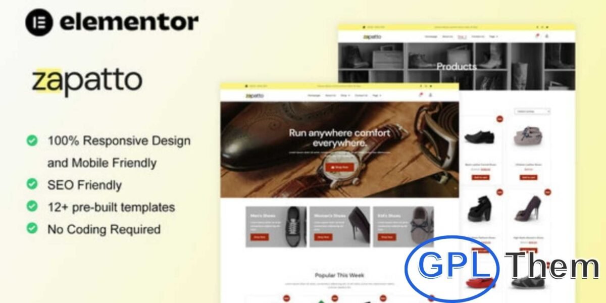 Zapatto – Shoes Store WooCommerce Elementor Template Kit Zapatto is a premium WooCommerce Elementor Template Kit designed specifically for shoe stores, footwear shops, and fashion eCommerce websites. Featuring 12+ pre-built templates with a clean, modern, and professional design, it allows you to showcase products beautifully and boost online sales.