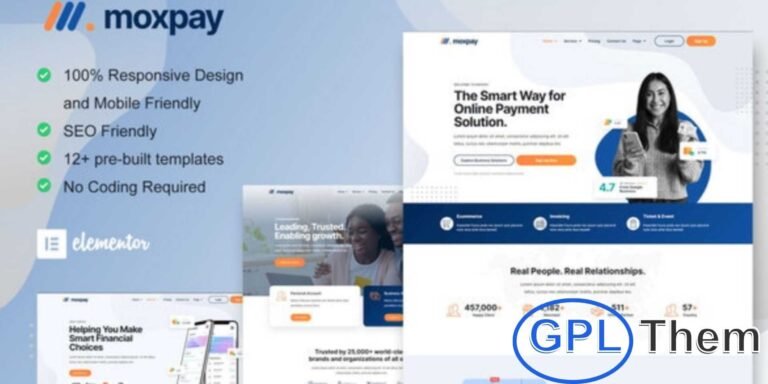 Moxpay – Online Payment Gateway Elementor Template Kit Moxpay is a modern and professional Elementor Template Kit designed specifically for online payment gateway websites. Ideal for digital payment solutions, e-wallet services, subscription payments, and e-commerce transactions, this kit helps you create a sleek and trustworthy online presence.