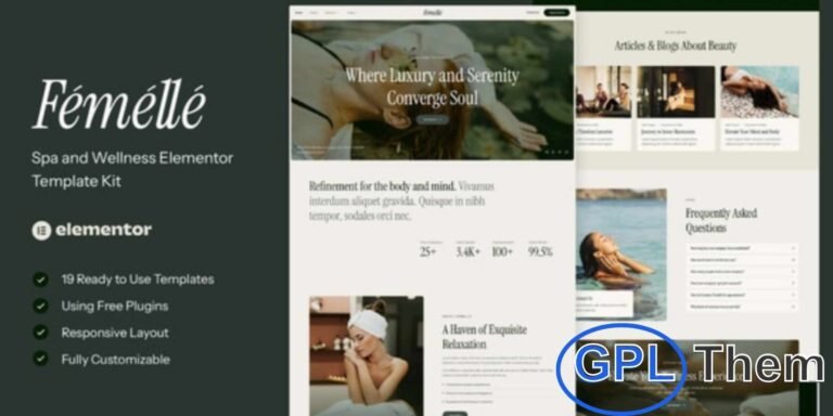 Femelle – Spa & Wellness Elementor Template Kit Femelle is a beautifully designed Elementor Template Kit crafted for spas, wellness centers, meditation studios, beauty salons, and similar lifestyle businesses. With a clean, modern, and elegant design, Femelle ensures your website delivers a calming and professional look that reflects your brand’s essence.