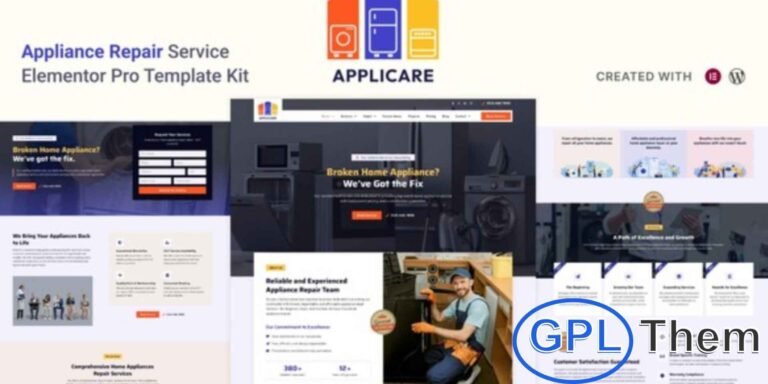 Applicare – Home Appliance Repair Services Elementor Pro Template Kit Applicare is a professional Elementor Pro Template Kit designed for home appliance repair service websites. Perfect for showcasing repair solutions for refrigerators, washing machines, air conditioners, microwaves, and more, this kit comes with 20+ ready-to-use templates.