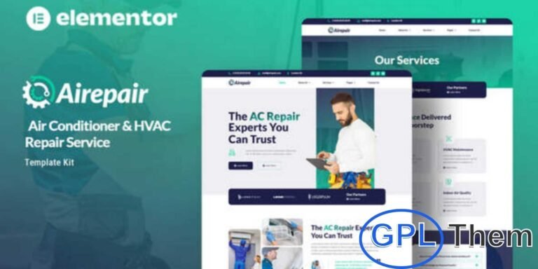 Airepair – Air Conditioner Repair Service Elementor Template Kit Airepair is a modern Elementor Template Kit built for air conditioner repair, HVAC maintenance, and handyman service websites. Perfect for showcasing cooling, heating, and repair solutions, this kit offers a clean and responsive design tailored for service-based businesses.