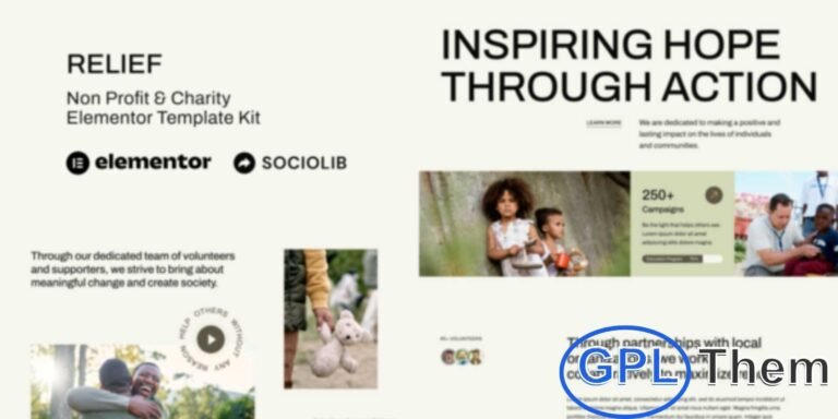 Relief – Nonprofit & Charity Elementor Template Kit Relief is a modern Elementor Template Kit crafted for nonprofit and charity websites. Perfect for organizations focused on social causes, philanthropy, humanitarian work, education, and community development, this kit helps you build a professional online presence with ease.