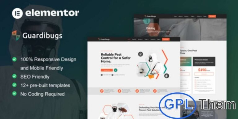 Guardibugs – Pest Control Service Elementor Pro Template Kit Guardibugs is a professional Elementor Pro Template Kit built for pest control service websites. Perfect for exterminators, mosquito control, rodent control, bed bug treatment, and other pest management services, this kit offers 12+ pre-designed templates with a modern, clean, and fully responsive layout.