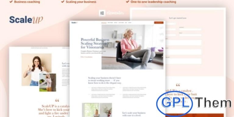 ScaleUP – Business Coaching Elementor Template Kit ScaleUP is a professional Elementor Template Kit designed for business coaches, mentors, and consultants who want to build a strong online presence. With its modern, pixel-perfect design, this kit ensures your coaching website looks stunning on all devices.