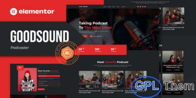 Goodsound – Podcaster Elementor Template Kit Goodsound is a modern Elementor Template Kit designed for podcasters and audio content creators. Featuring a stylish dark layout with a clean, professional design, it’s fully responsive and easy to customize.