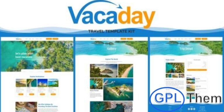 Vacaday – Travel Agency Elementor Template Kit Vacaday is a modern Elementor Template Kit designed for travel agencies, tour operators, and travel-related businesses. With a clean, professional layout, it allows you to showcase destinations, packages, and services effectively.