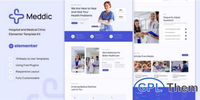 Meddic – Hospital & Medical Clinic Elementor Template Kit Meddic is a modern Elementor Template Kit designed for hospitals, medical clinics, doctors, pharmacies, health centers, and healthcare-related businesses. With its clean and professional design, this kit ensures a fully responsive layout that adapts seamlessly to all devices.