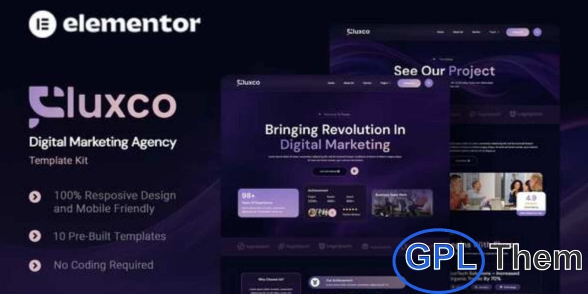 Fluxco – Digital Marketing Agency Elementor Template Kit Fluxco is a modern Elementor Template Kit designed for digital marketing agencies, creative businesses, and startups looking to build a professional online presence. With its sleek and responsive design, Fluxco allows you to quickly create a full-featured WordPress website without coding.
