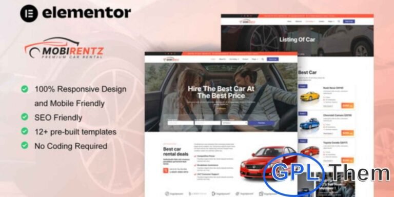 Mobirentz – Car Rental & Auto Dealer Elementor Template Kit Mobirentz is a modern Elementor Template Kit designed for car rental and auto dealer websites. With its clean, professional, and responsive layouts, this kit makes it simple to build a powerful online presence for car rental services, auto dealerships, and car booking businesses.