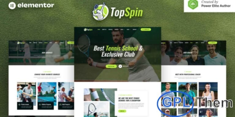 TopSpin – Tennis School & Sports Club Elementor Template Kit TopSpin is a modern Elementor Template Kit designed for tennis schools, sports clubs, academies, personal coaches, and fitness centers. Featuring a clean, professional, and sporty design, this kit is fully responsive and retina-ready, ensuring a flawless look on all devices.