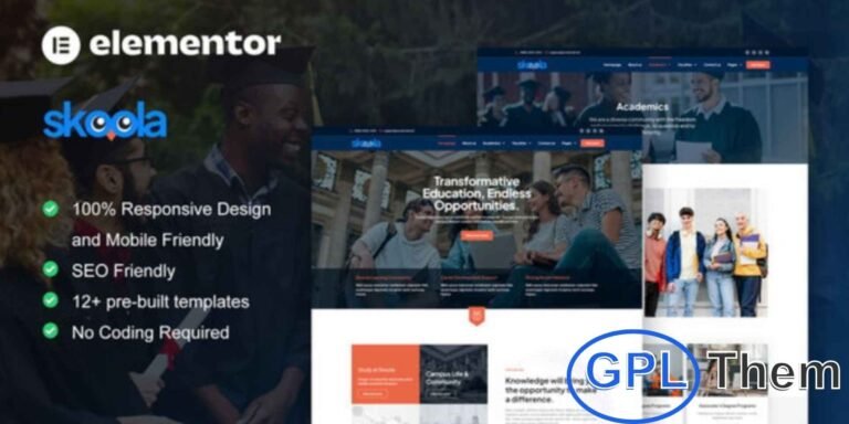 Skoola – University & School Elementor Pro Template Kit Skoola is a premium Elementor Pro Template Kit designed for building professional education websites. Featuring 12+ pre-built templates with a clean, modern layout, it’s perfect for creating websites for universities, schools, colleges, academies, and online classes.