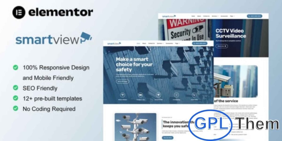 SmartView – CCTV & Security Elementor Template Kit SmartView is a professional Elementor Template Kit designed for CCTV, security, and surveillance businesses. With a modern, clean, and fully responsive layout, it allows you to showcase security services, products, and solutions effectively.