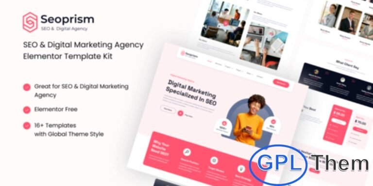 Seoprism – SEO & Digital Agency Elementor Template Kit Seoprism is a modern Elementor Template Kit designed specifically for SEO agencies, digital marketing firms, social media marketing, advertising agencies, and internet marketing businesses.