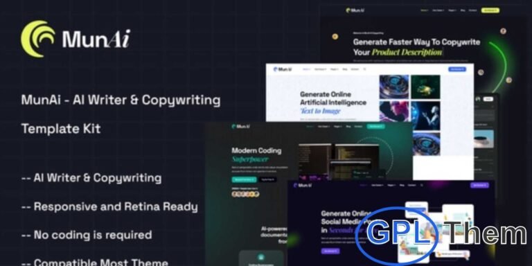 MunAi – AI Writer & Copywriting App Elementor Template Kit MunAi is a powerful Elementor Template Kit built for AI writer tools, copywriting apps, and AI content generation websites. Featuring a modern and professional design, this kit is perfect for showcasing AI-driven writing services, content generators, and copywriting solutions.
