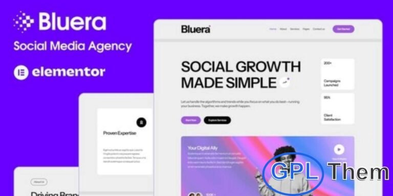 Bluera – Social Media Agency Elementor Template Kit Bluera is a modern Elementor Template Kit crafted for social media agencies and digital marketing professionals. With its clean and engaging design, it helps you showcase services, highlight successful projects, and attract new clients.