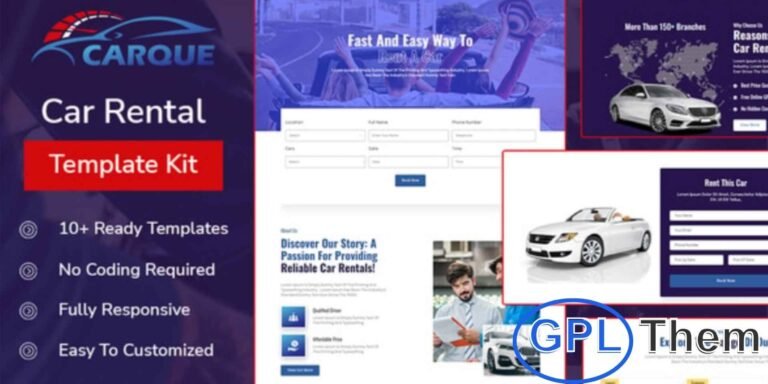 CarQue – Car Rental & Auto Services Elementor Template Kit CarQue is a professional Elementor Template Kit designed for car rental businesses, auto services, and vehicle hire companies. With sleek, modern layouts, this kit allows you to showcase your fleet, services, pricing, and special offers in a user-friendly way.